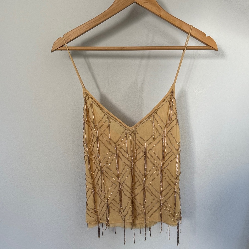 Free People Beaded Gold Cami Top with Cross strap Key Hole Back